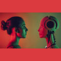 Side profiles of a woman and robot looking at eachother.